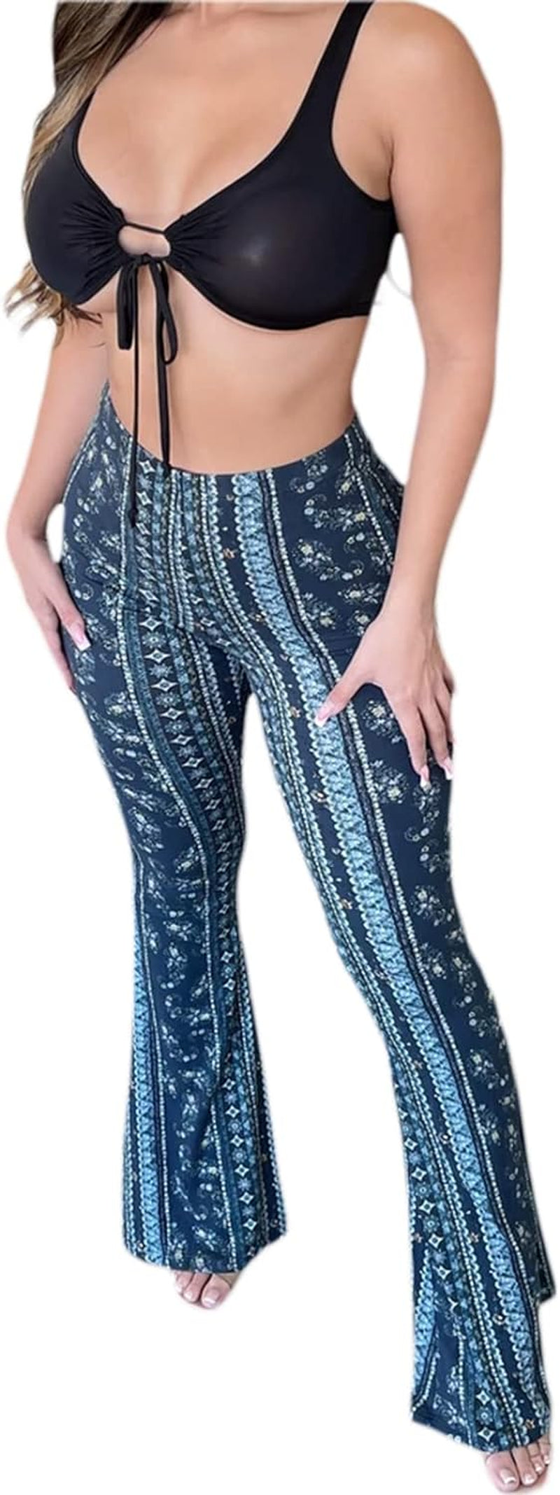 Women Boho Flare Pants High Waisted Stretch Bell Bottom Yoga Pants Hippie Flared Leggings 70S Wide Leg Palazzo Pants