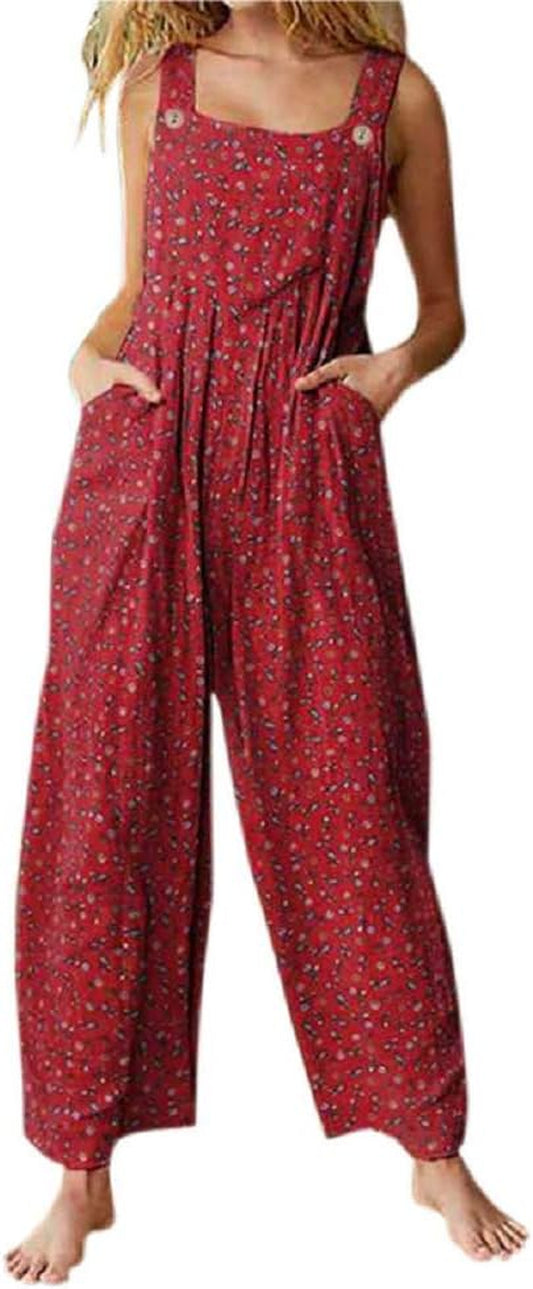 Baggy Overalls for Women Boho Print Jumpsuits Vintage Playsuit Wide Leg Loose Casual Long Bib Pants Romper with Pockets