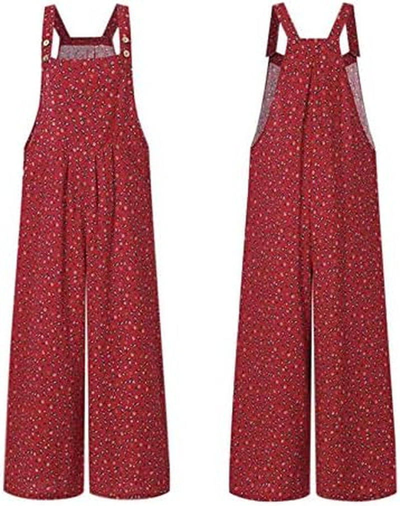 Baggy Overalls for Women Boho Print Jumpsuits Vintage Playsuit Wide Leg Loose Casual Long Bib Pants Romper with Pockets