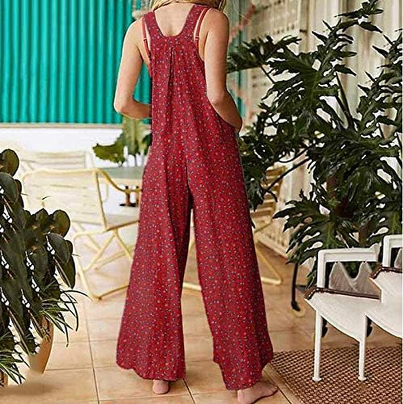 Baggy Overalls for Women Boho Print Jumpsuits Vintage Playsuit Wide Leg Loose Casual Long Bib Pants Romper with Pockets