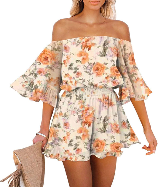 Women Boho Floral Printed Summer Romper off Shoulder Ruffle Chiffon Outfits One Piece Shorts Jumpsuits Ginger M