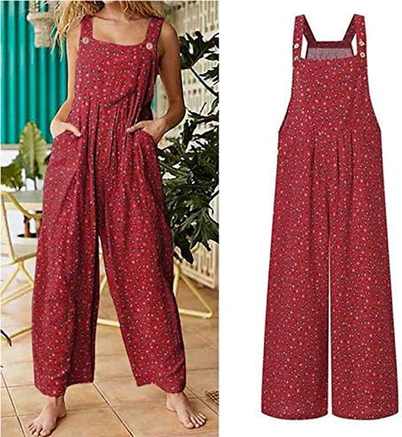 Baggy Overalls for Women Boho Print Jumpsuits Vintage Playsuit Wide Leg Loose Casual Long Bib Pants Romper with Pockets