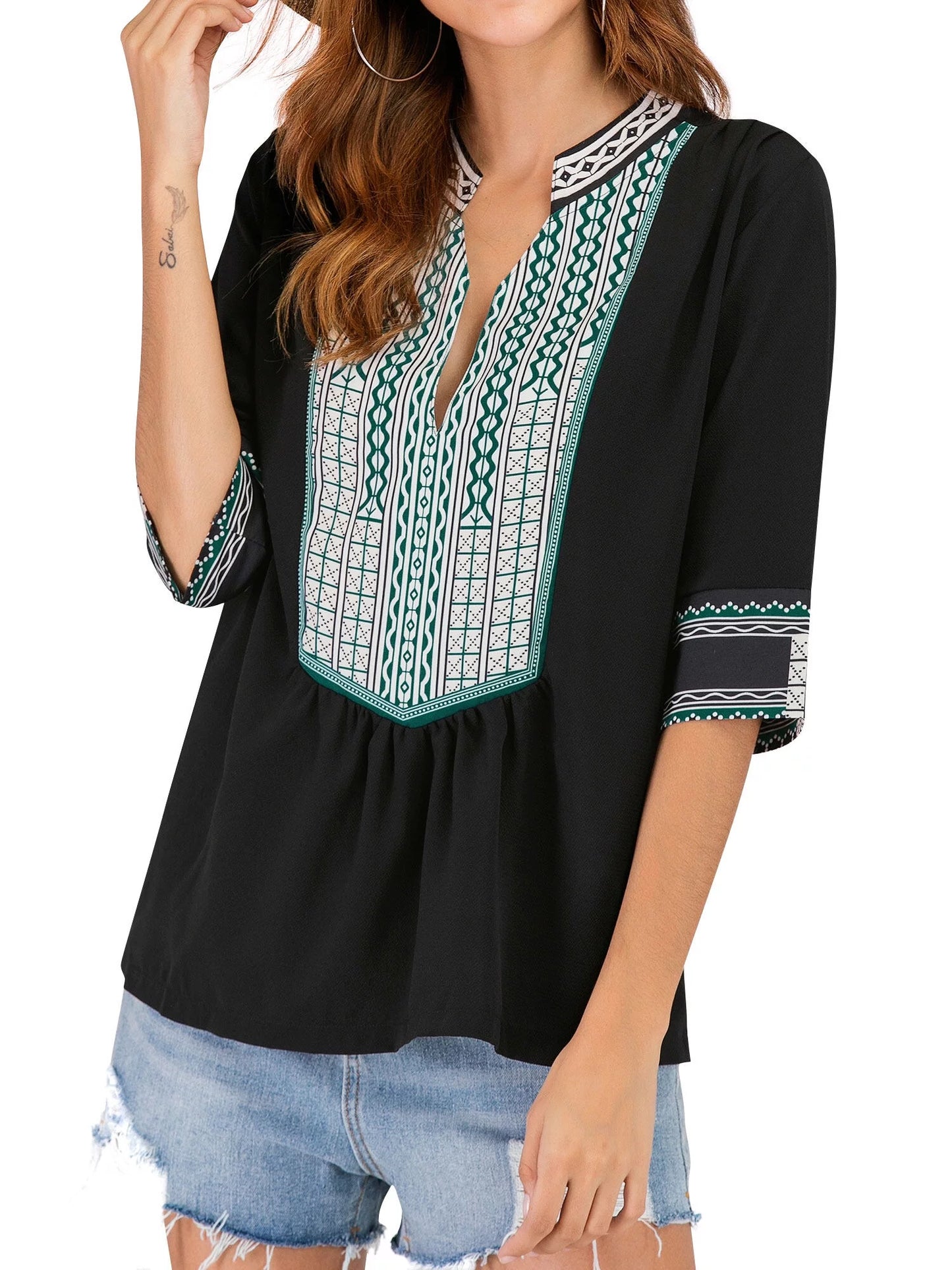 Women'S V Neck Boho Floral Print Blouse