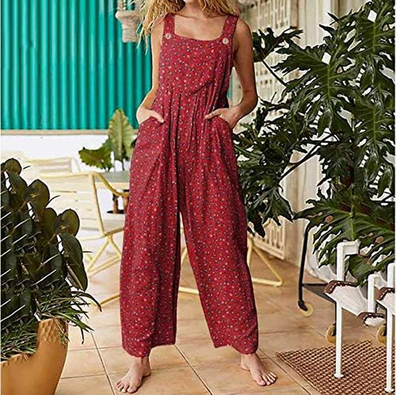 Baggy Overalls for Women Boho Print Jumpsuits Vintage Playsuit Wide Leg Loose Casual Long Bib Pants Romper with Pockets