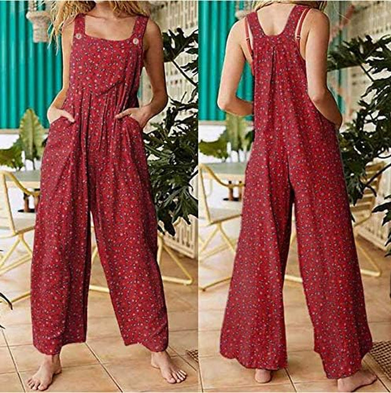 Baggy Overalls for Women Boho Print Jumpsuits Vintage Playsuit Wide Leg Loose Casual Long Bib Pants Romper with Pockets