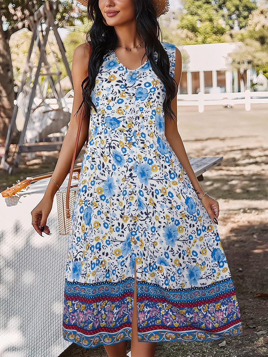 Women Dress Summer Sleeveless Bohemian: Floral V Neck Button down Flowy Boho Dresses S-XL