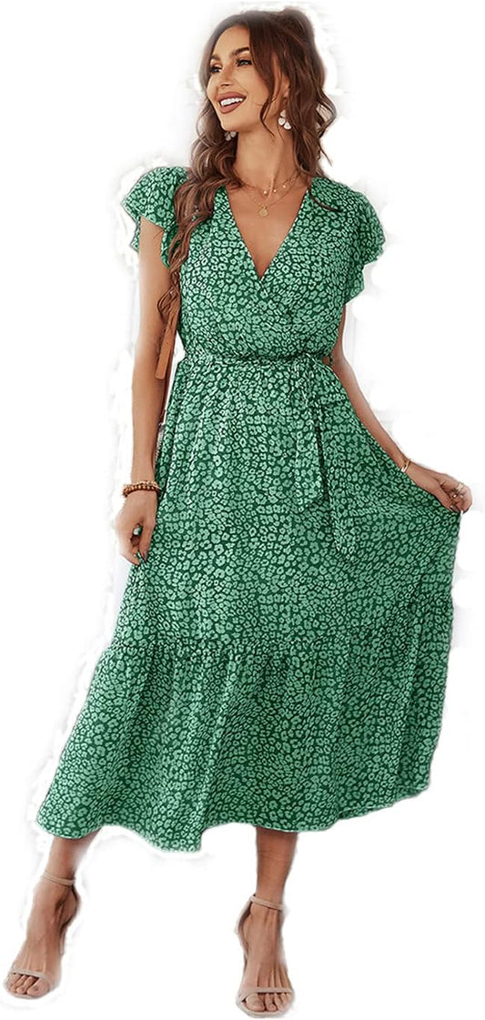 Women'S Bohemian Floral Maxi Dress,Wrap V Neck Short Sleeve Dress,Ruffle Tiered Summer Swing Maxi Dresses